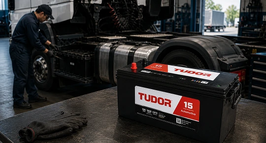 Bateria Tudor ao lado de um caminhão em manutenção