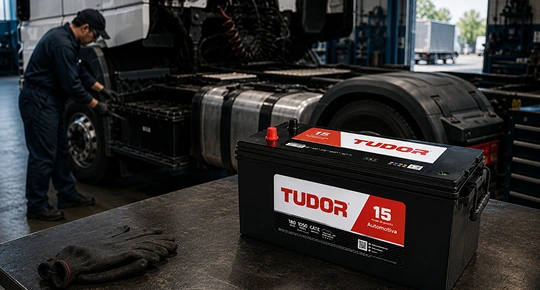 Bateria Tudor em uma oficina de caminhões